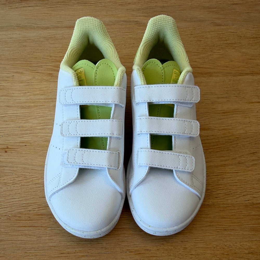 adidas White Kids Sneakers with Neon Green Interior and Triple Velcro